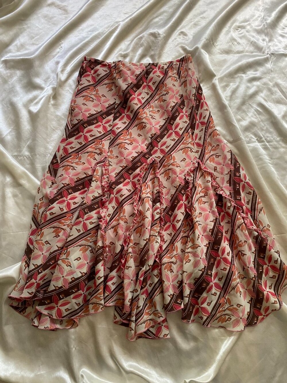 Vintage y2k Floral Ruffle Chiffon Midi Skirt Fairy Boho Coquette Size 9